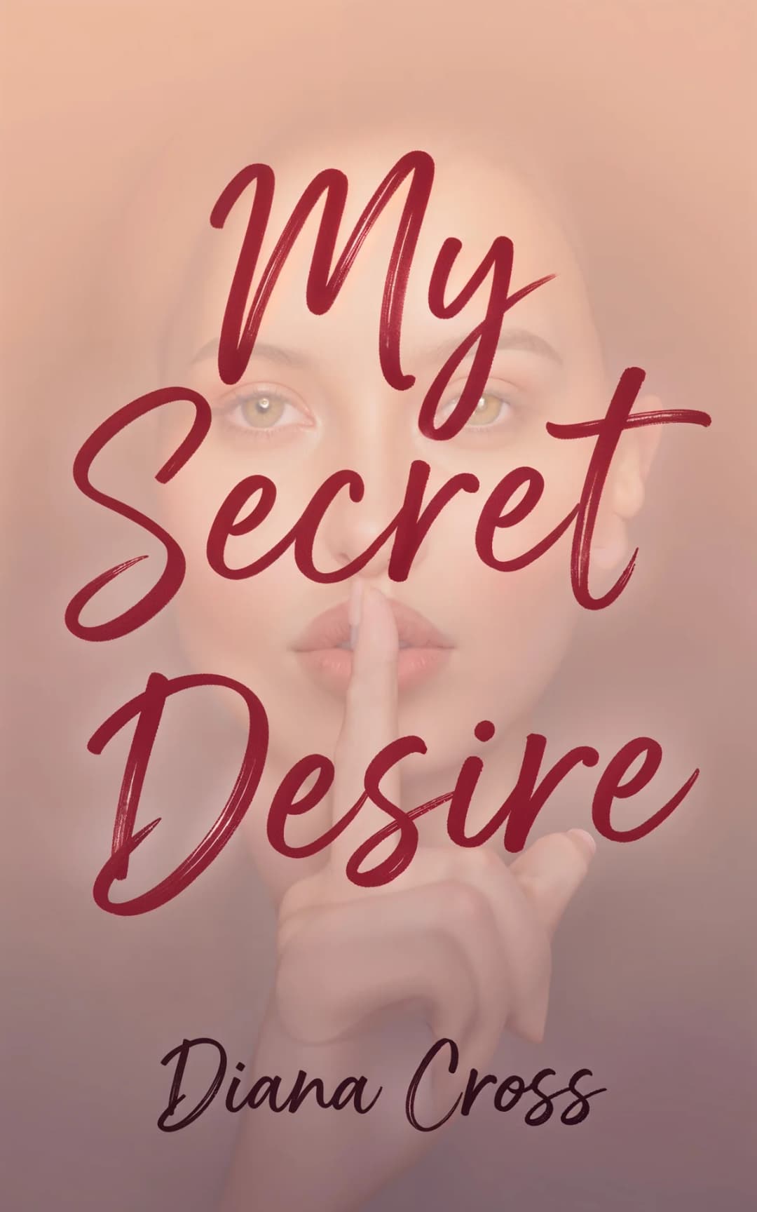 AI book cover generator romance typography: soft-focus portrait of a woman with finger to lips overlaid with burgundy script text for "My Secret Desire".