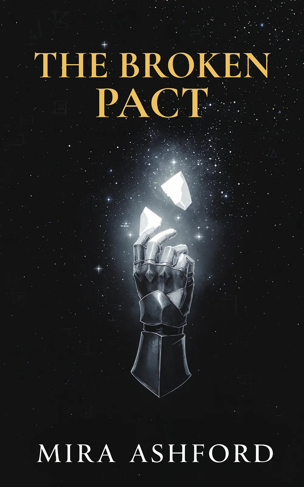 AI book cover generator fantasy illustration: armored gauntlet reaching toward glowing crystal shards in a star-filled void for "The Broken Pact".
