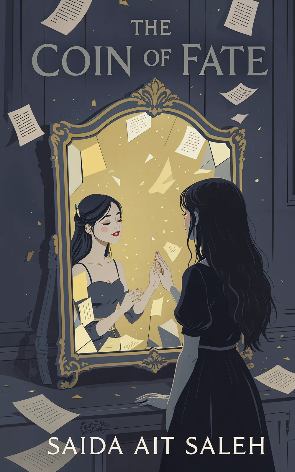 AI book cover generator fantasy illustration: woman facing her reflection in an ornate mirror with floating papers for "The Coin of Fate".