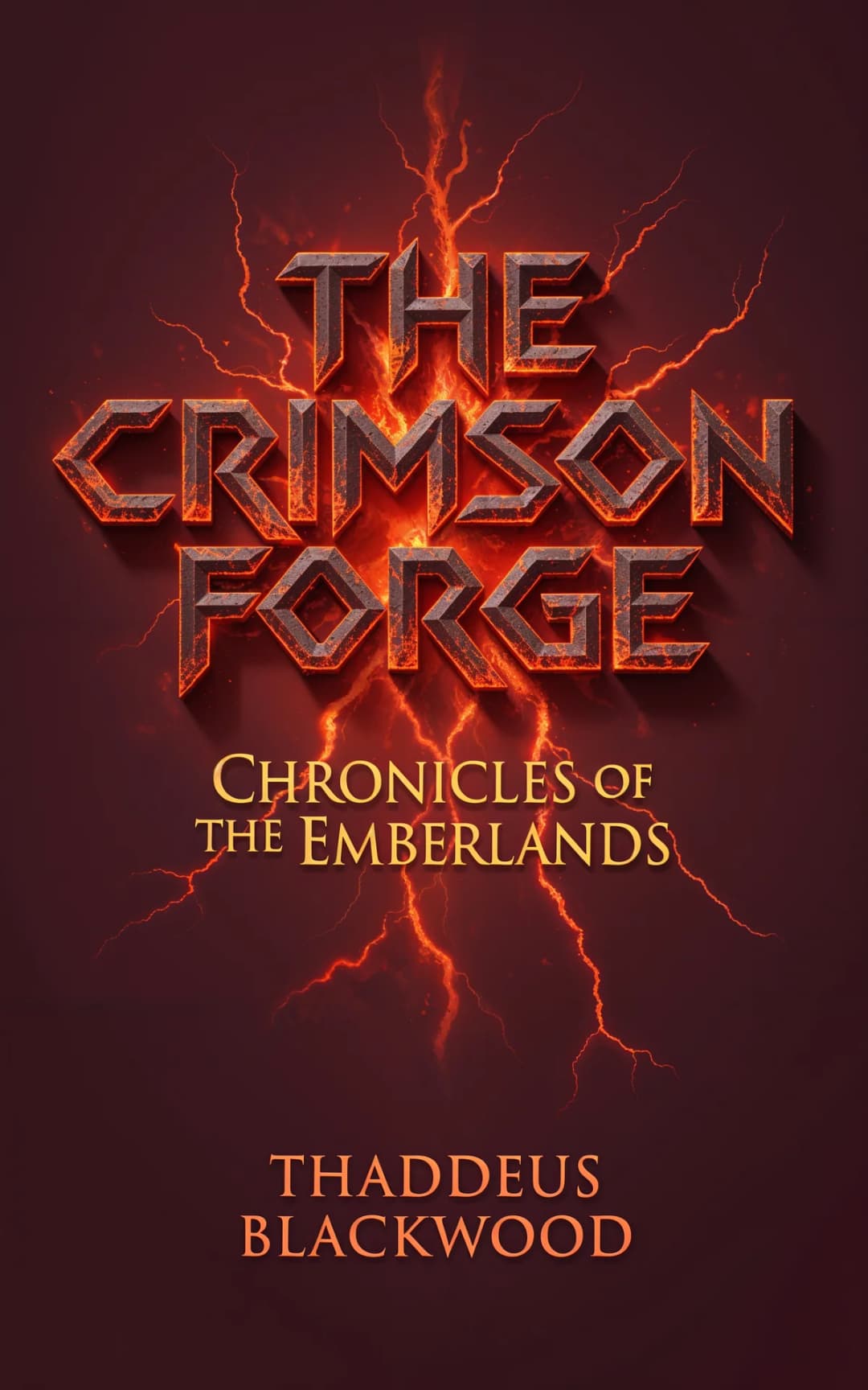 AI book cover generator fantasy typography: molten metal text with electric lightning effects against deep crimson background for "The Crimson Forge".