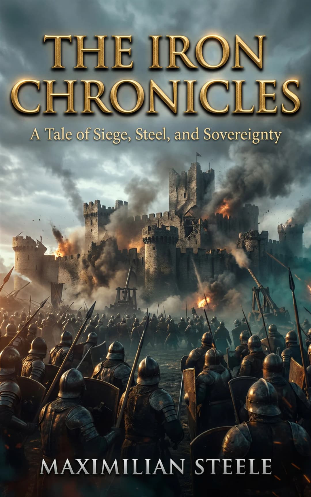 AI book cover generator epic fantasy cinematic: massive stone castle under siege with armored soldiers, explosions, and smoke for "The Iron Chronicles".