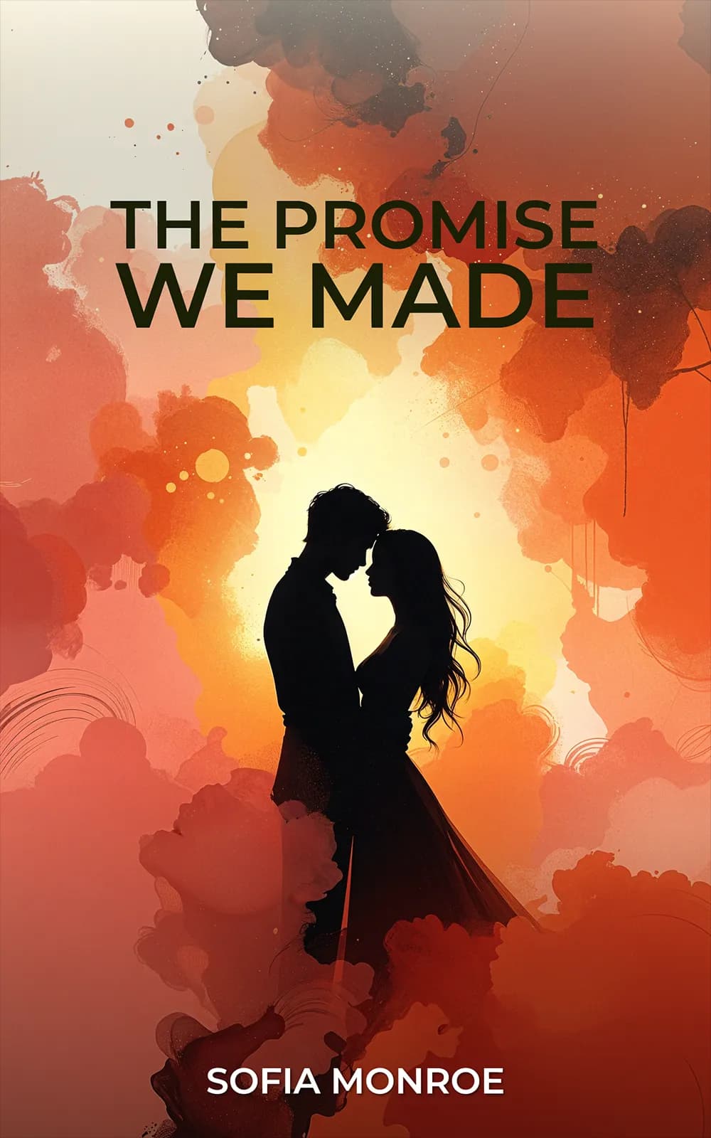 AI book cover generator romance illustration: silhouetted couple embracing amid warm abstract clouds for "The Promise We Made".