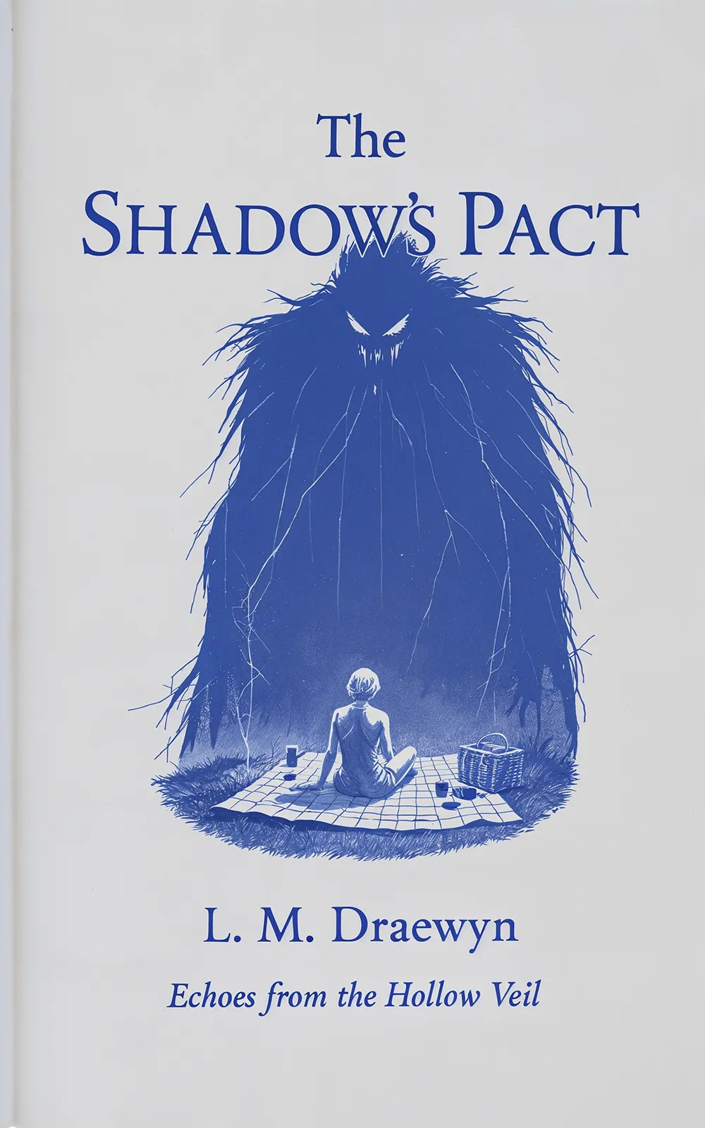 AI book cover generator dark fantasy illustration: looming shadow creature towering over a seated figure for "The Shadow's Pact".