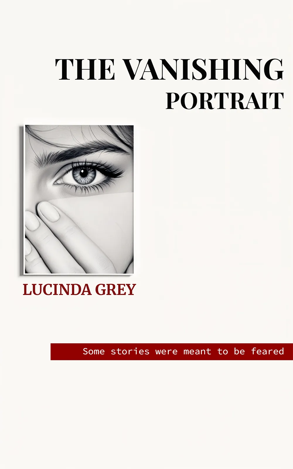 AI book cover generator thriller minimal design: black and white close-up eye partially hidden behind a card for "The Vanishing Portrait".