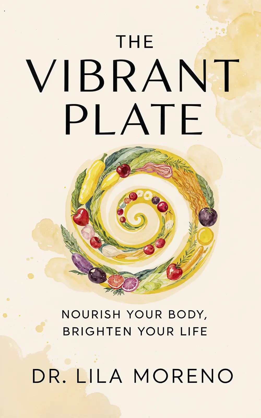 AI book cover generator cookbook design: watercolor spiral of colorful vegetables and fruits for "The Vibrant Plate".