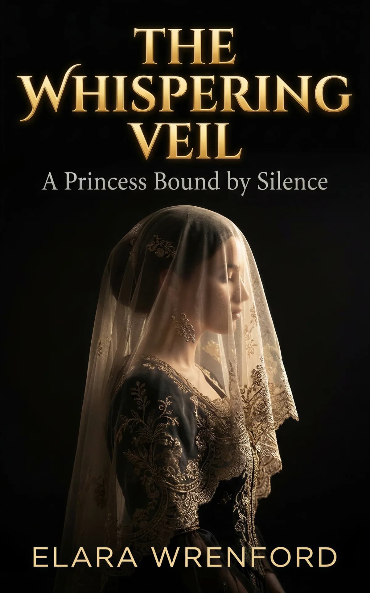 AI book cover generator fantasy romance photoreal: veiled princess in ornate embroidered gown shrouded in delicate lace against black background for "The Whispering Veil".