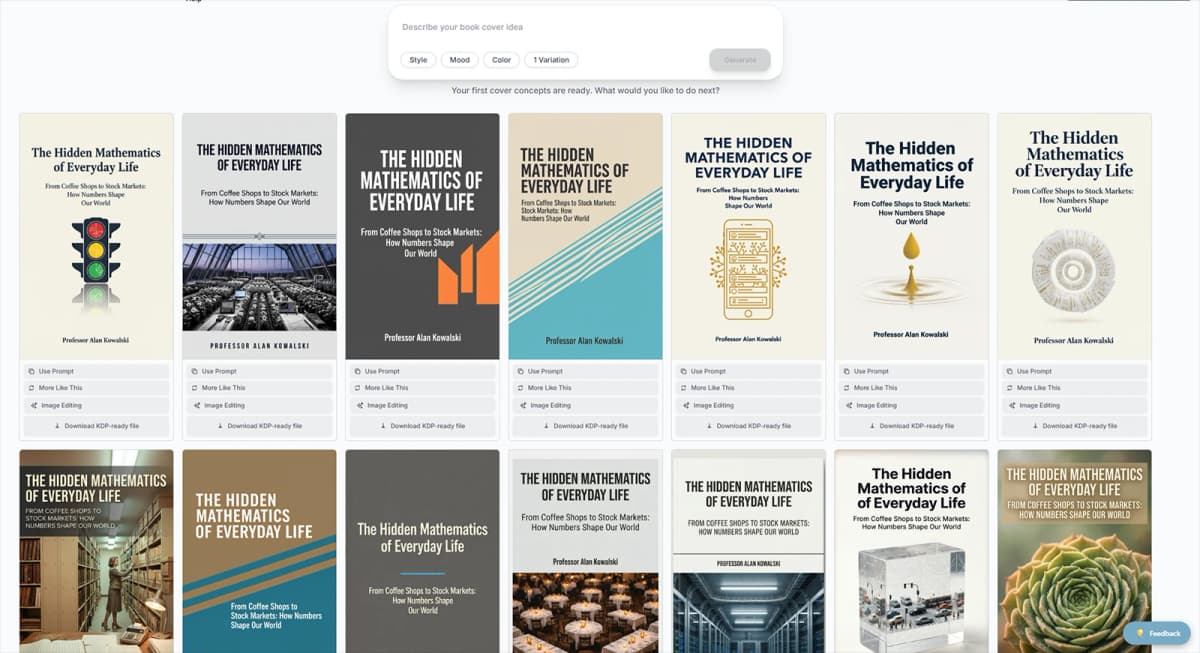 BeYourCover AI Book Cover Generator interface showing professional cover designs