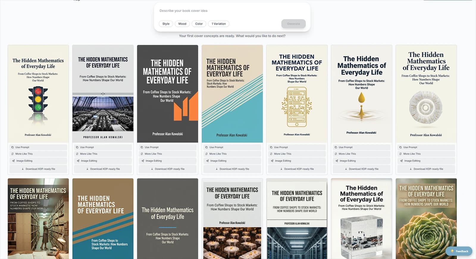 BeYourCover app interface showing the book cover generation process