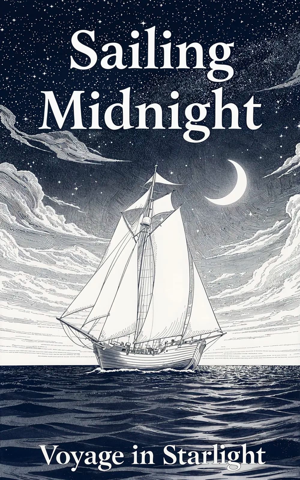 AI book cover generator nautical art: vintage engraving style sailing ship under starlit crescent moon for "Sailing Midnight".