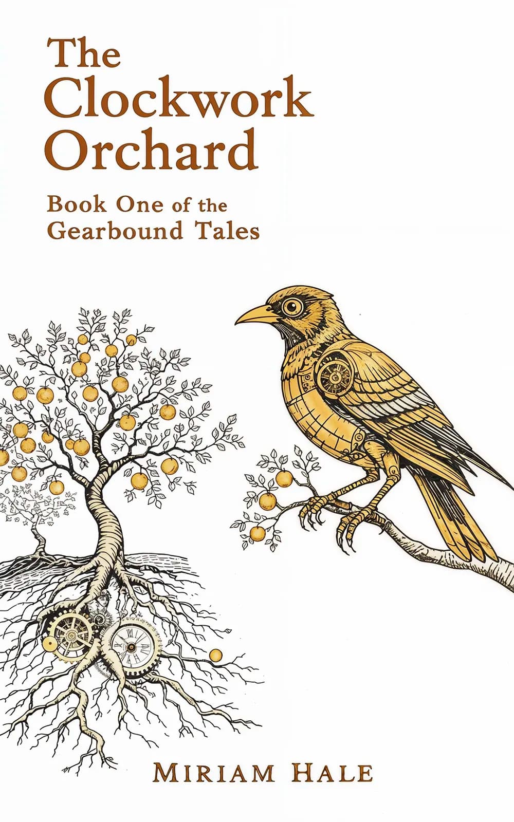 AI book cover generator steampunk fantasy: mechanical bird and clockwork tree with golden fruit for "The Clockwork Orchard".