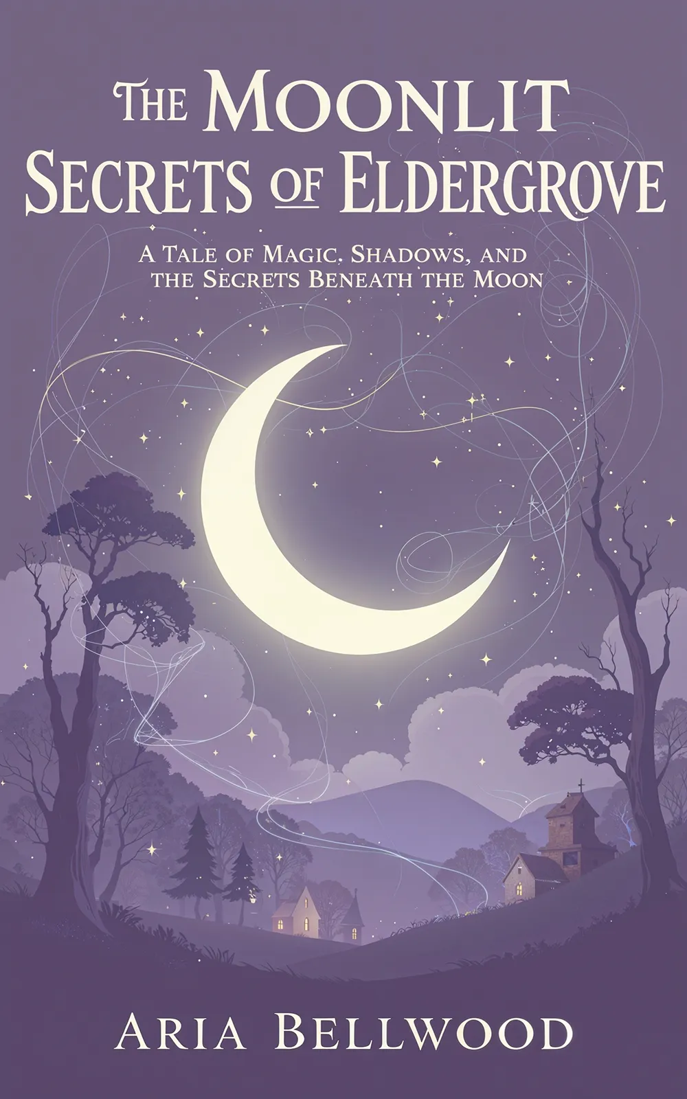 AI book cover generator magical landscape: purple moonlit village with mystical trails for "The Moonlit Secrets of Eldergrove".