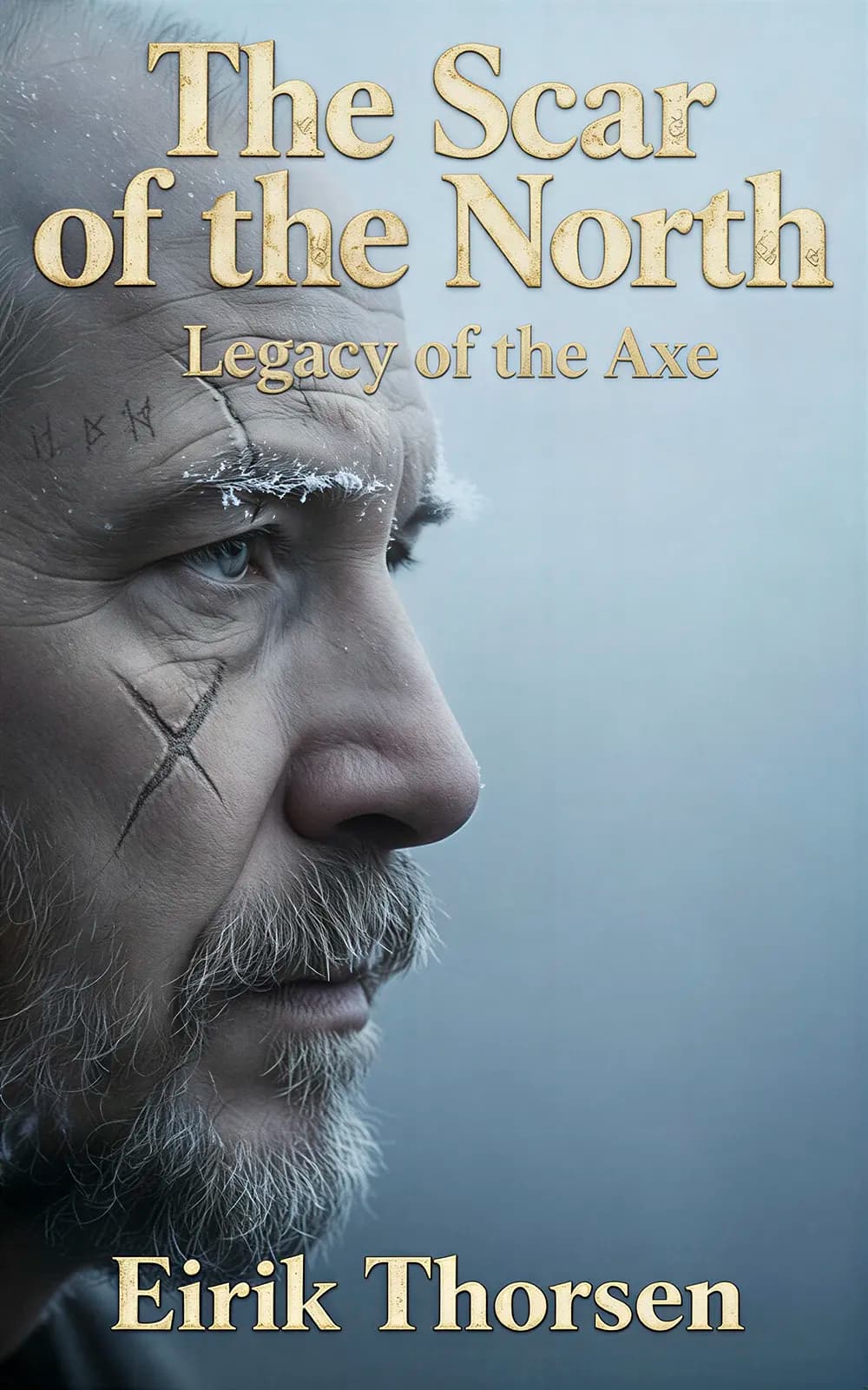 AI book cover generator epic saga: scarred warrior's weathered face with runic markings for "The Scar of the North".
