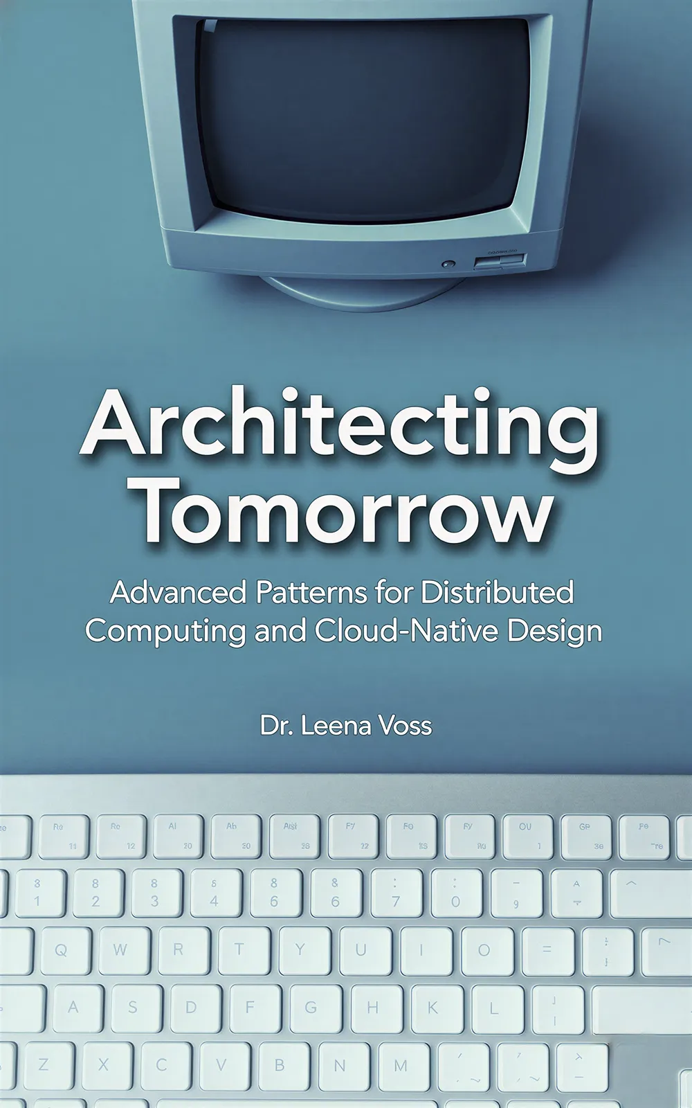 AI book cover generator nonfiction minimal: retro computer monitor and keyboard for "Architecting Tomorrow".