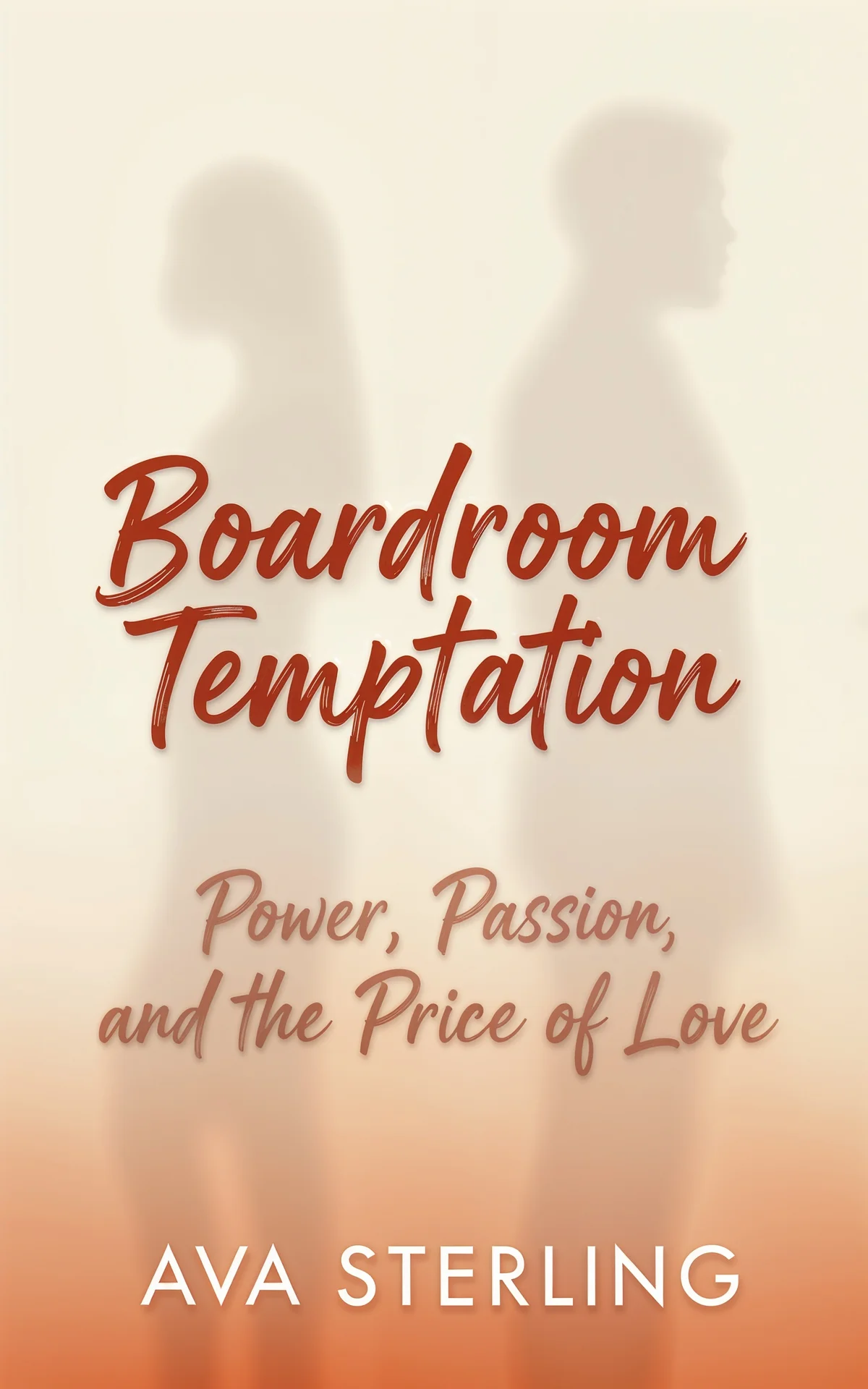 AI book cover generator romance typography: two silhouetted figures back-to-back with elegant red script text overlay on warm gradient background for "Boardroom Temptation".