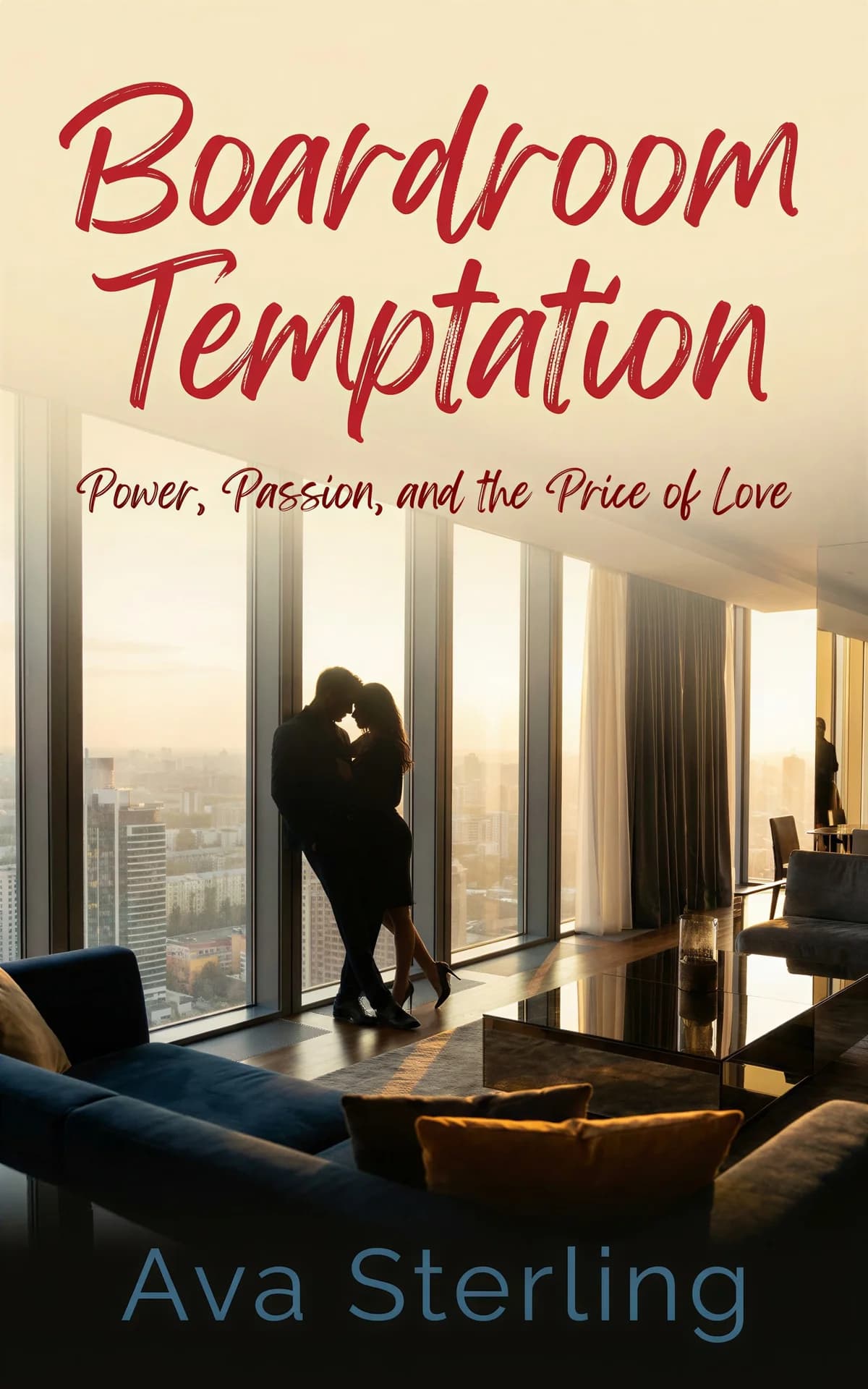 AI book cover generator romance photoreal: silhouetted couple kissing by floor-to-ceiling windows overlooking city skyline at golden hour for "Boardroom Temptation".