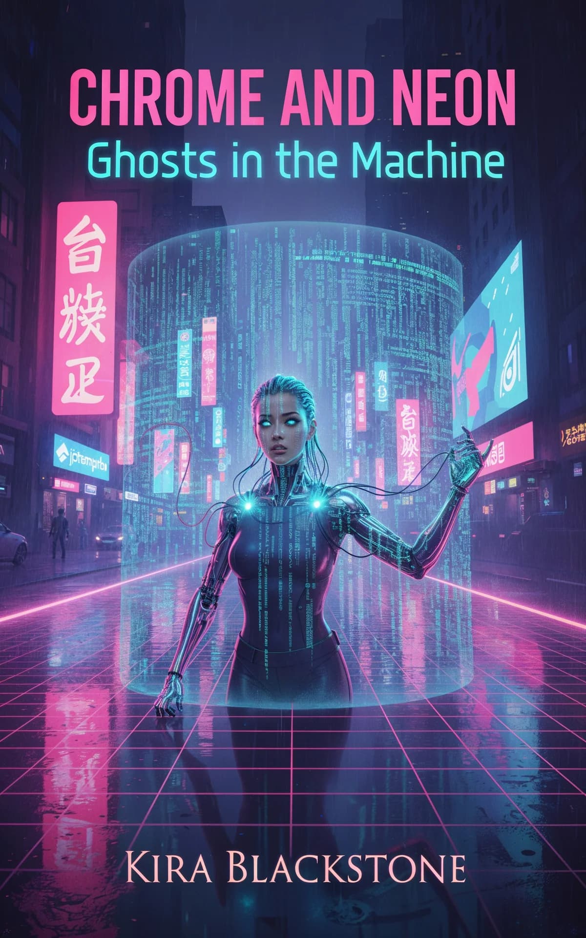 AI book cover generator cyberpunk retro-futurism: cyborg woman with glowing eyes in neon-lit futuristic city surrounded by holographic data streams for "Chrome and Neon".