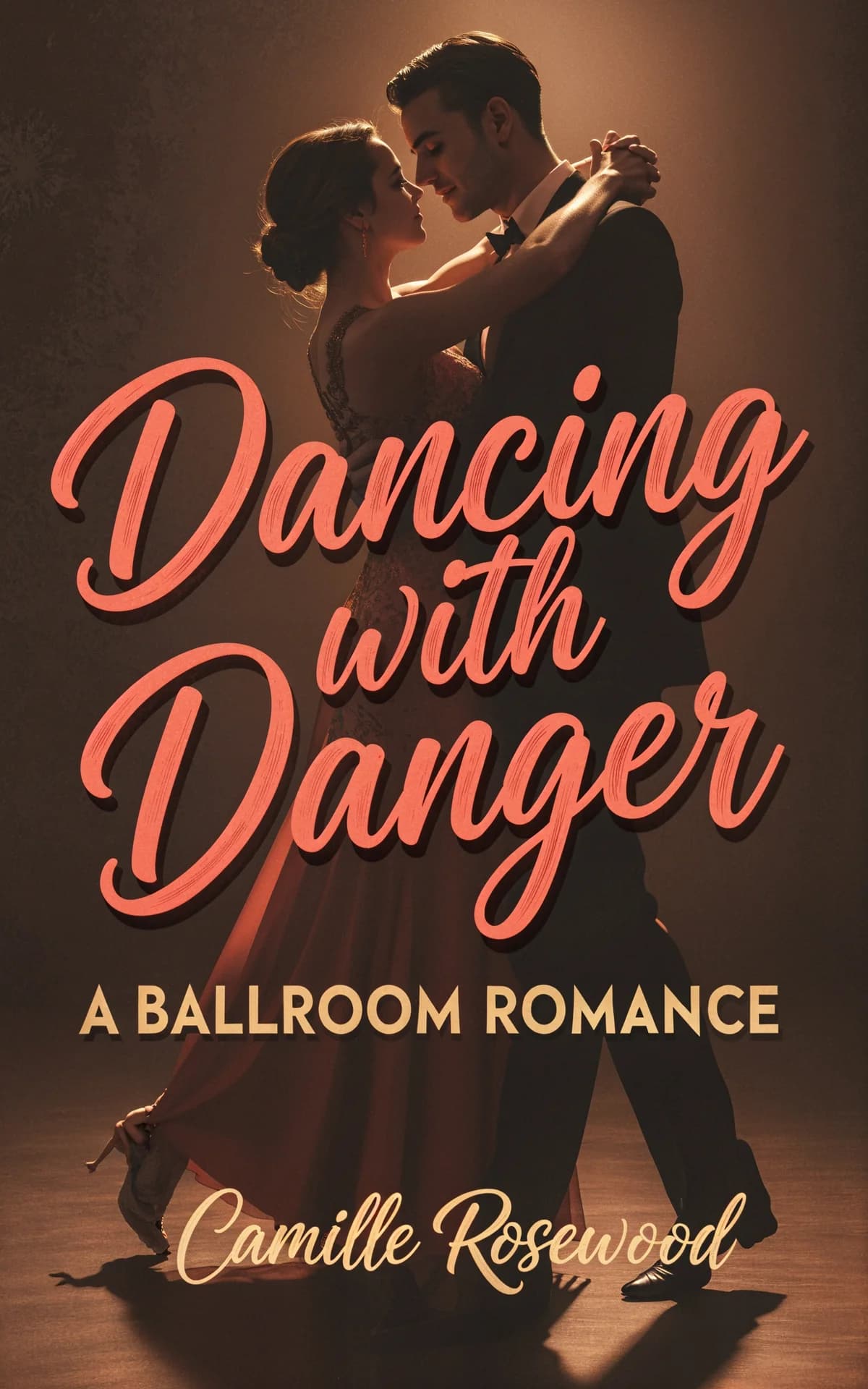 AI book cover generator romance typography: couple in elegant ballroom dance pose with warm golden lighting for "Dancing with Danger".
