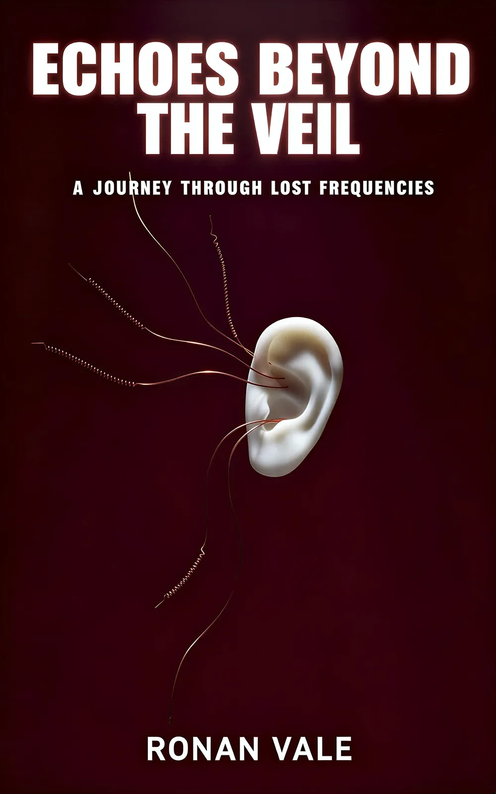 AI book cover generator nonfiction minimal: sculptural human ear with abstract sound waves on dark background for "Echoes Beyond the Veil".
