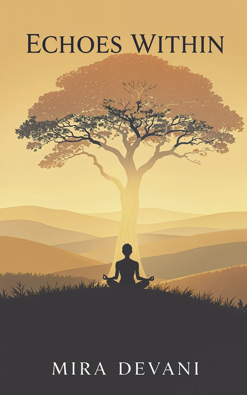 AI book cover generator nonfiction illustration: meditating figure beneath glowing tree at sunrise for "Echoes Within".