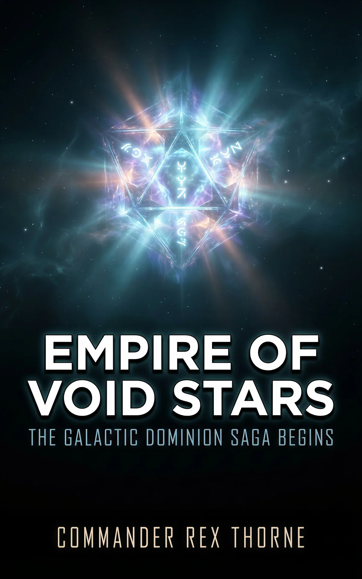 AI book cover generator science fiction cinematic: glowing geometric crystal structure with ethereal light rays and mystical symbols in cosmic space for "Empire of Void Stars".
