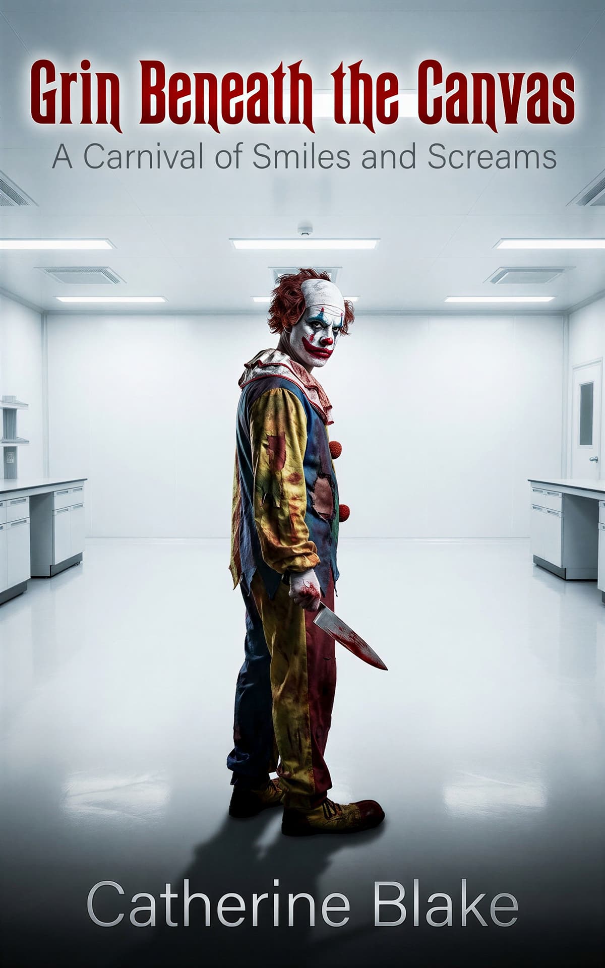 AI book cover generator horror photoreal: sinister clown holding knife in sterile white room for "Grin Beneath the Canvas".