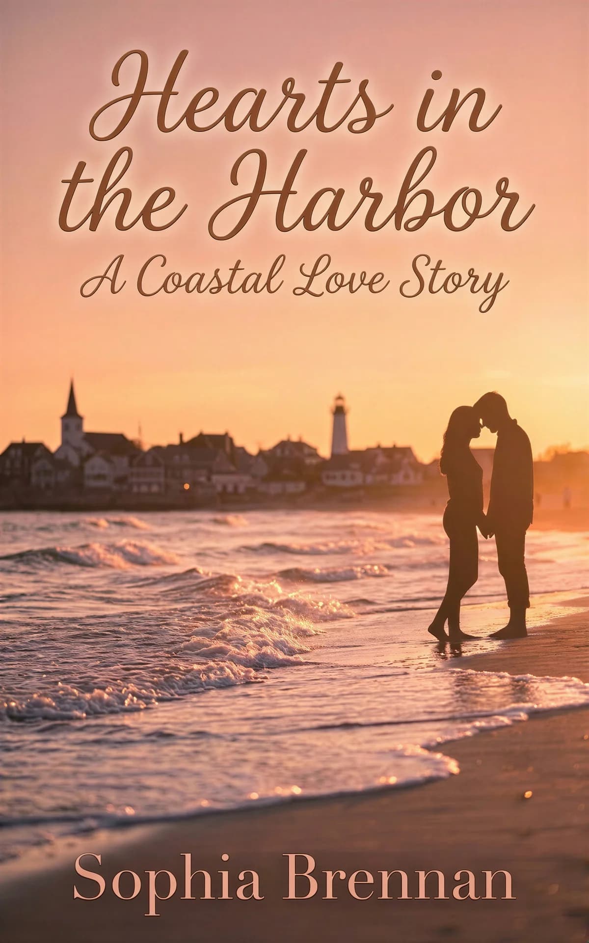 AI book cover generator romance photoreal: silhouetted couple embracing on beach at golden sunset with coastal harbor lighthouse in background for "Hearts in the Harbor".