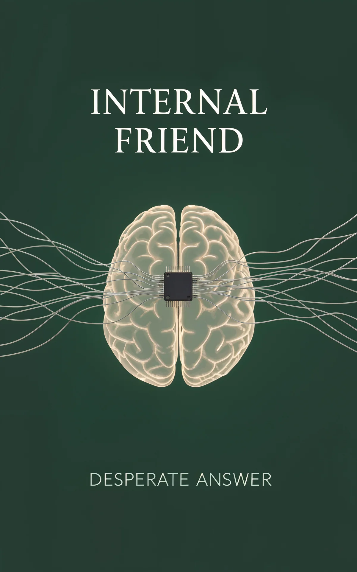 AI book cover generator science fiction minimalist: translucent brain with embedded microchip and neural network connections on deep teal background for "Internal Friend".