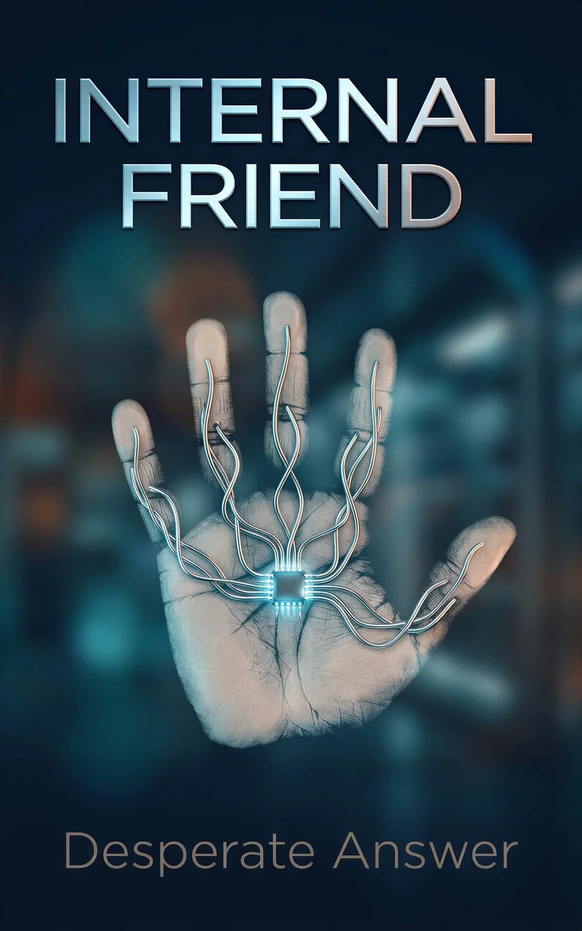 AI book cover generator science fiction cinematic: glowing circuit-embedded hand with neural pathways against dark blur for "Internal Friend".