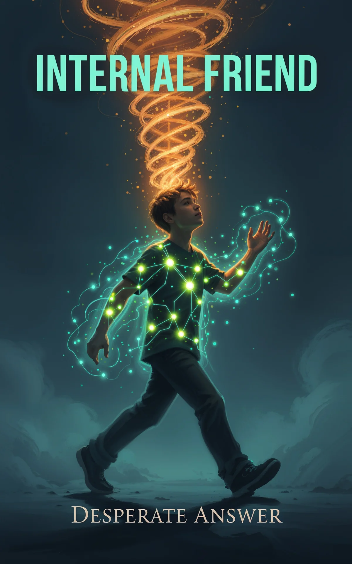 AI book cover generator science fiction digital-painting: young figure with glowing neural network patterns and golden energy spiral emanating from head for "Internal Friend".