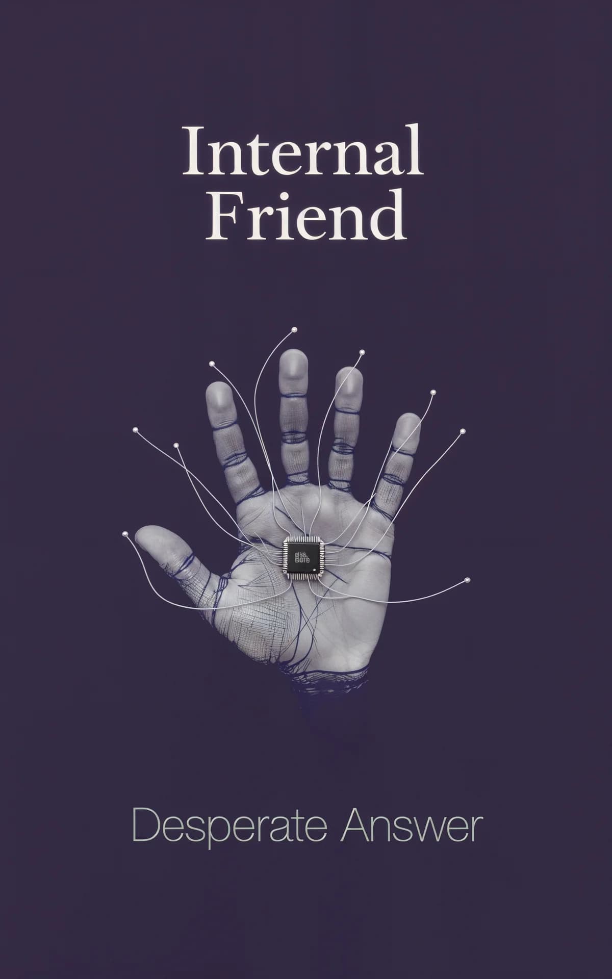 AI book cover generator science fiction minimalist: ethereal hand with circuit chip and neural connections on dark purple background for "Internal Friend".