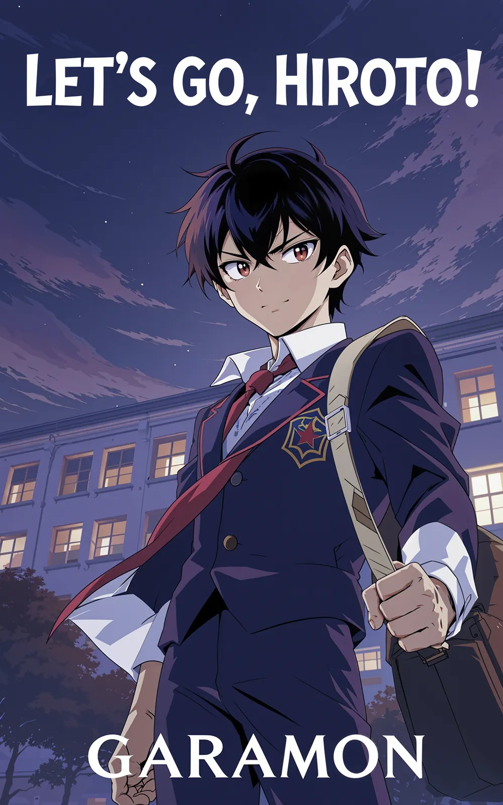 AI book cover generator anime style: determined student character in school uniform for "Let's Go, Hiroto!".