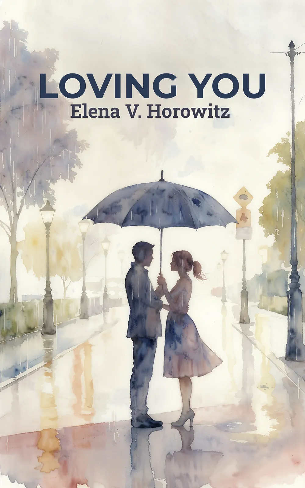 AI book cover generator romance: watercolor couple under umbrella in rain for "Loving You".