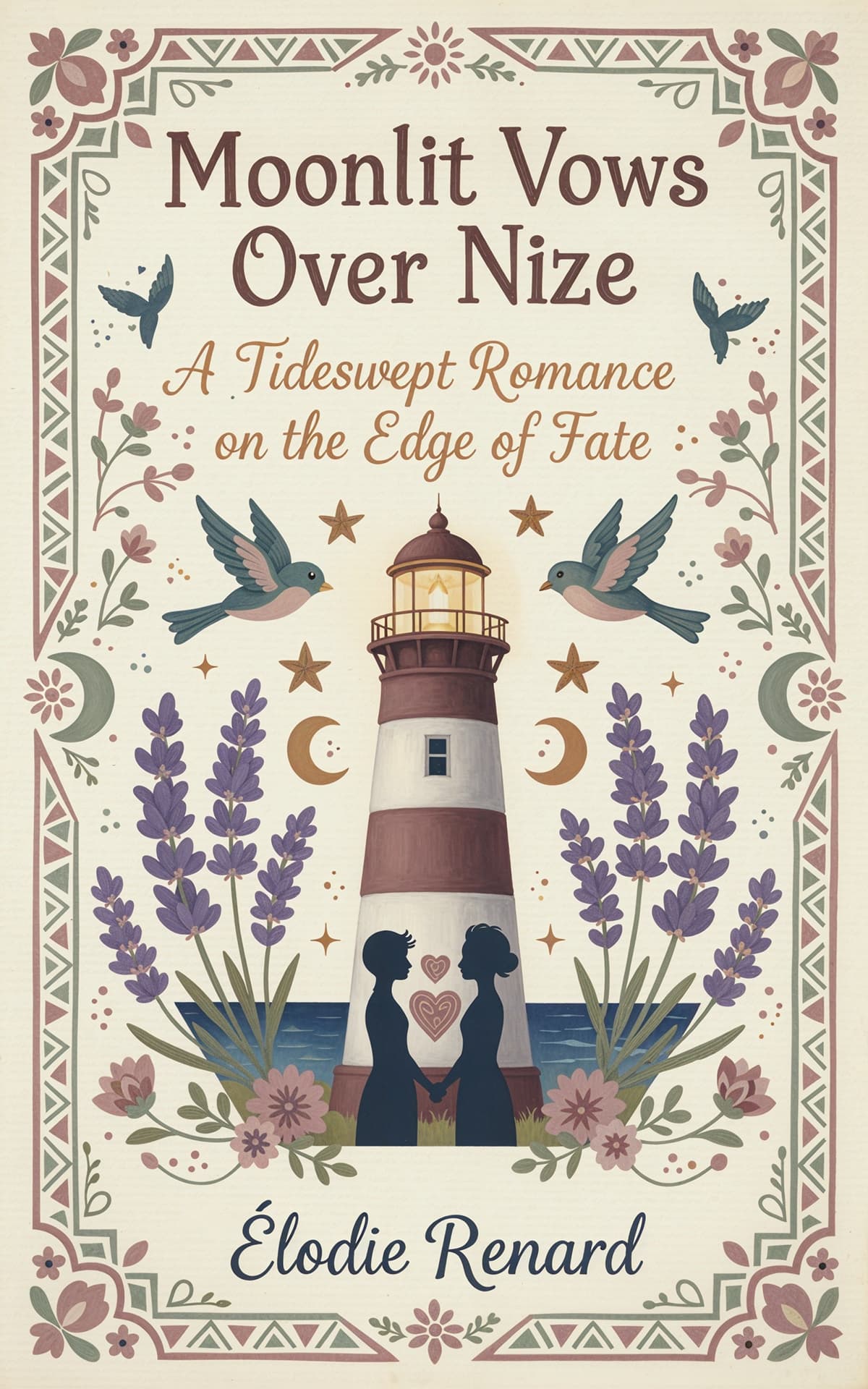 AI book cover generator romantic illustration: lighthouse, birds, flowers, and couple silhouettes for "Moonlit Vows Over Nize".