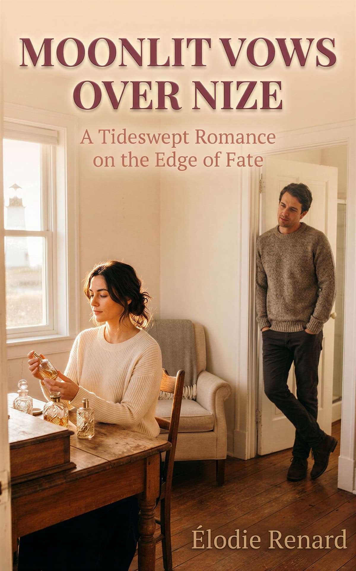 AI book cover generator romance photoreal: woman at table with glass bottles as man watches from doorway for "Moonlit Vows Over Nize".