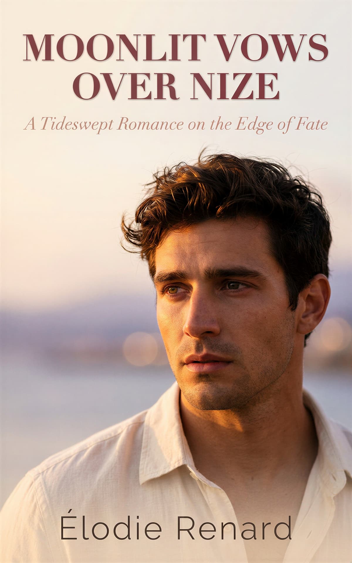 AI book cover generator romance portrait: contemplative man by the sea at golden hour for "Moonlit Vows Over Nize".