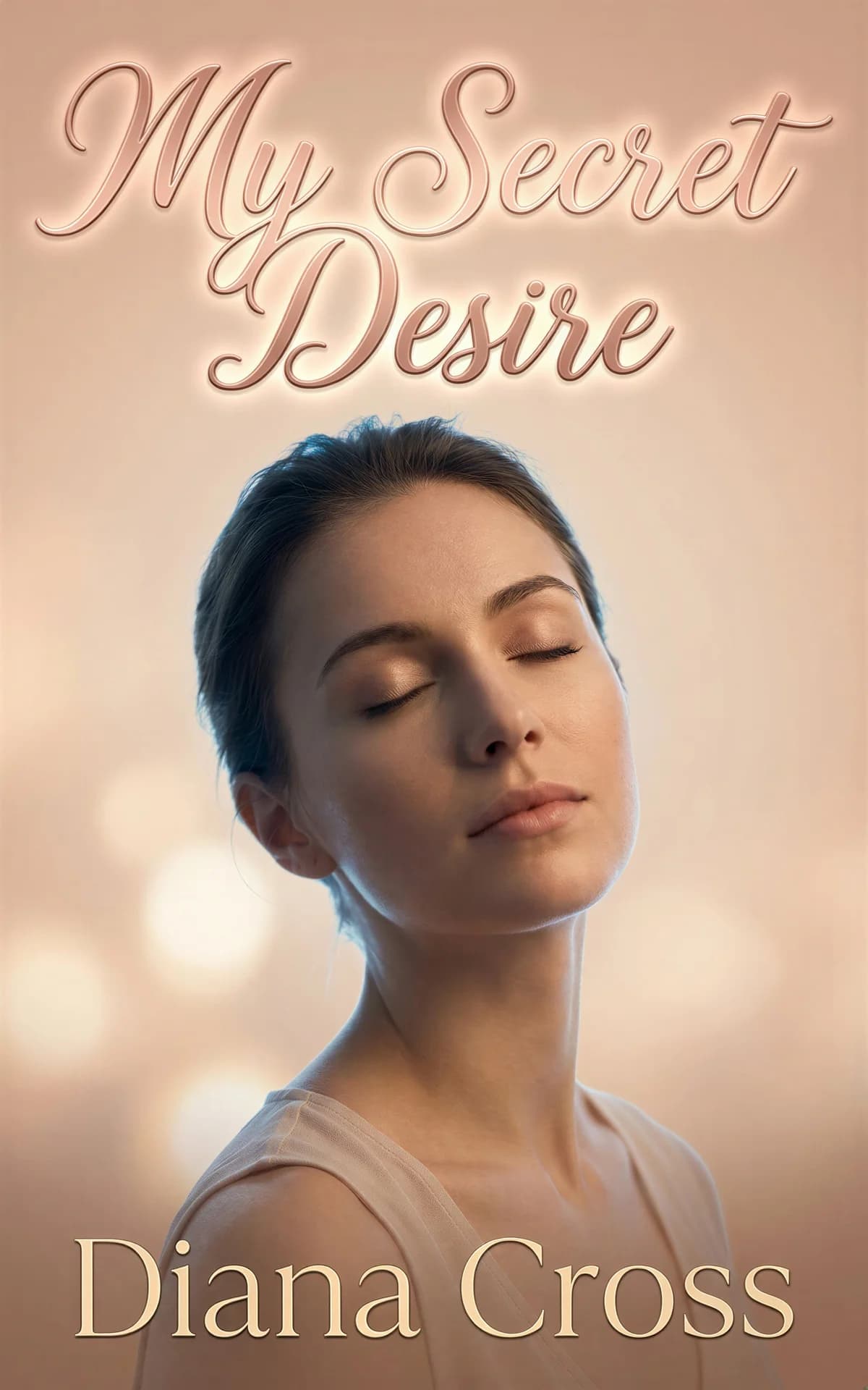 AI book cover generator romance clean-portrait: serene woman with closed eyes and warm golden lighting against soft blurred background for "My Secret Desire".