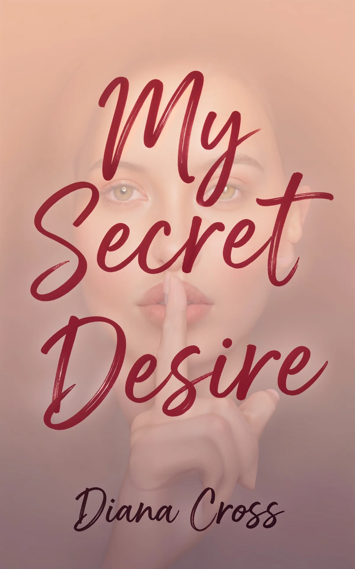 AI book cover generator romance typography: soft-focus portrait of a woman with finger to lips overlaid with burgundy script text for "My Secret Desire".