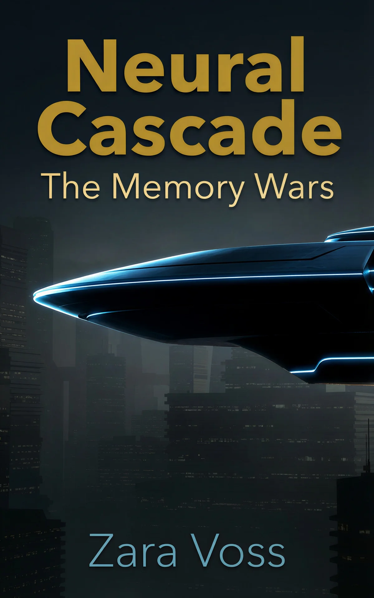 AI book cover generator science-fiction cinematic: futuristic spacecraft with glowing blue edges hovering over dark cityscape for "Neural Cascade".