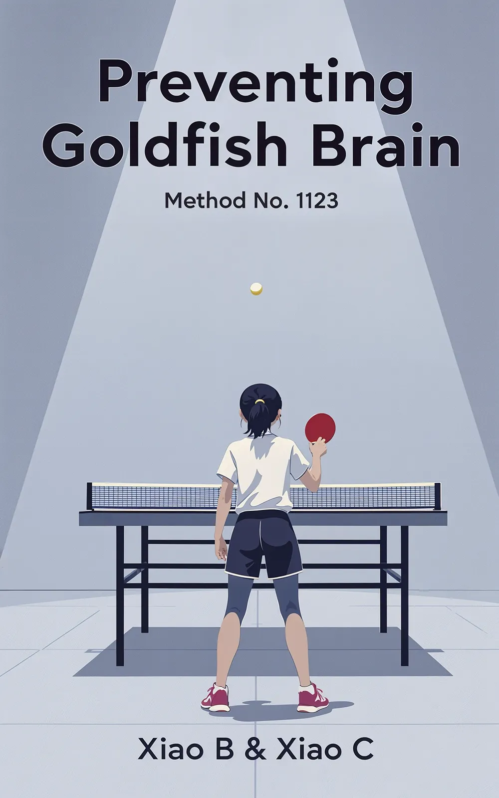 AI book cover generator self-help: minimalist ping pong player illustration for "Preventing Goldfish Brain".