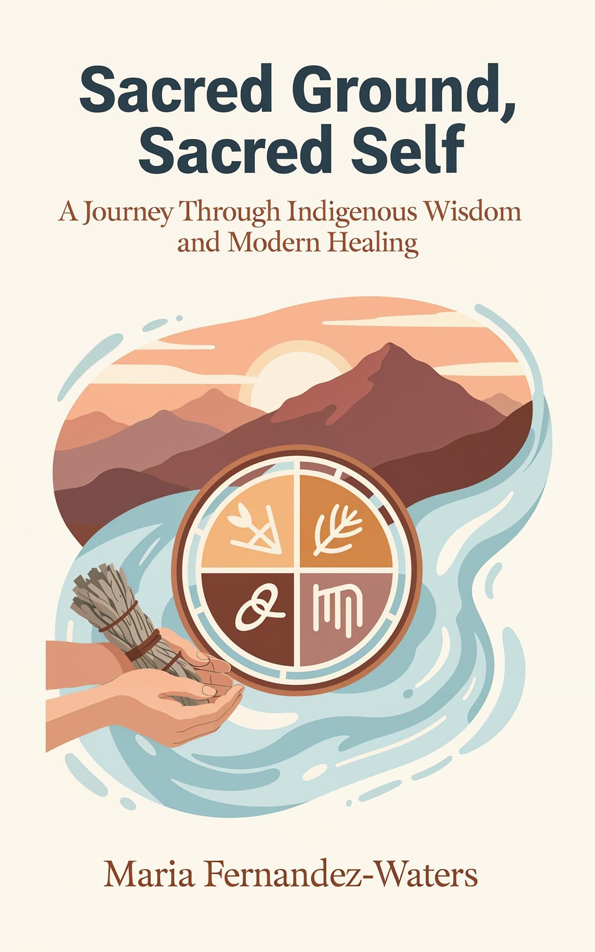 AI book cover generator spiritual Religion & Spirituality illustration: Indigenous-inspired symbols, water, and mountains for "Sacred Ground, Sacred Self".