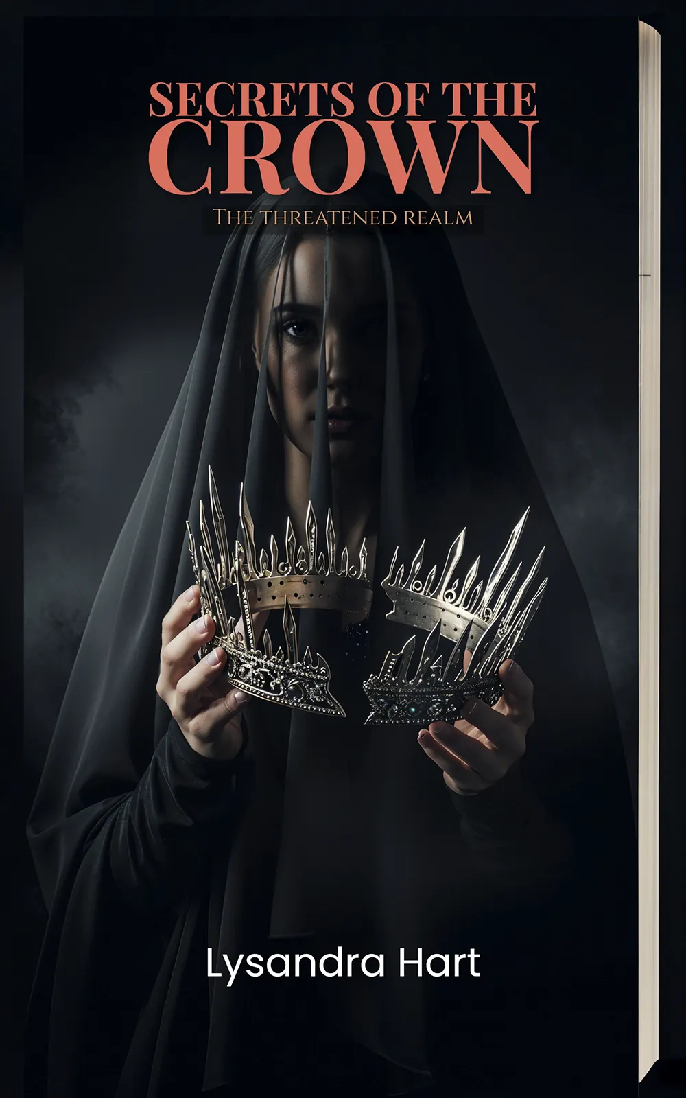 AI book cover generator dark fantasy: veiled woman holding multiple ornate crowns for "Secrets of the Crown".