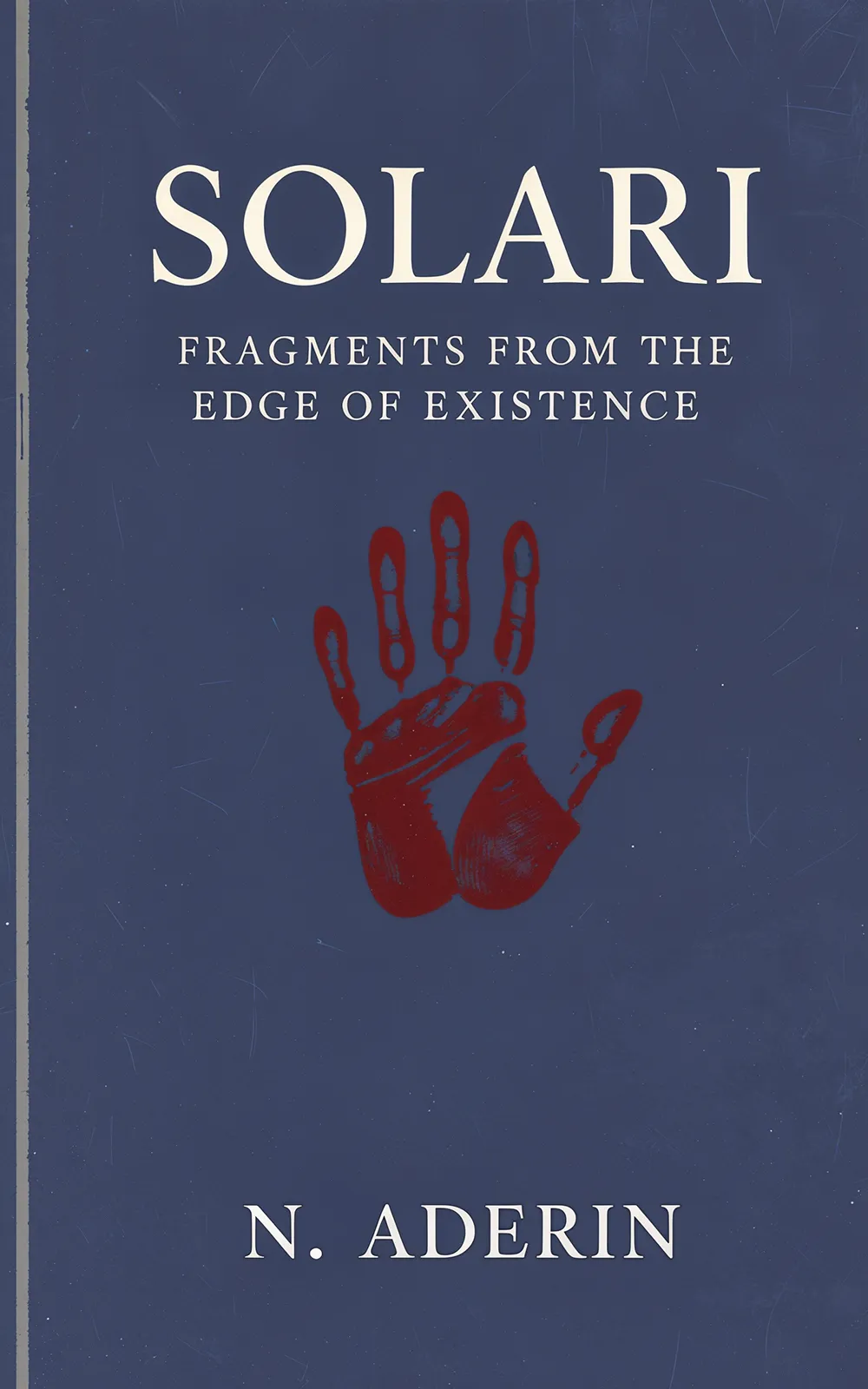 AI book cover generator dystopian design: red handprint on worn blue cover for "Solari".