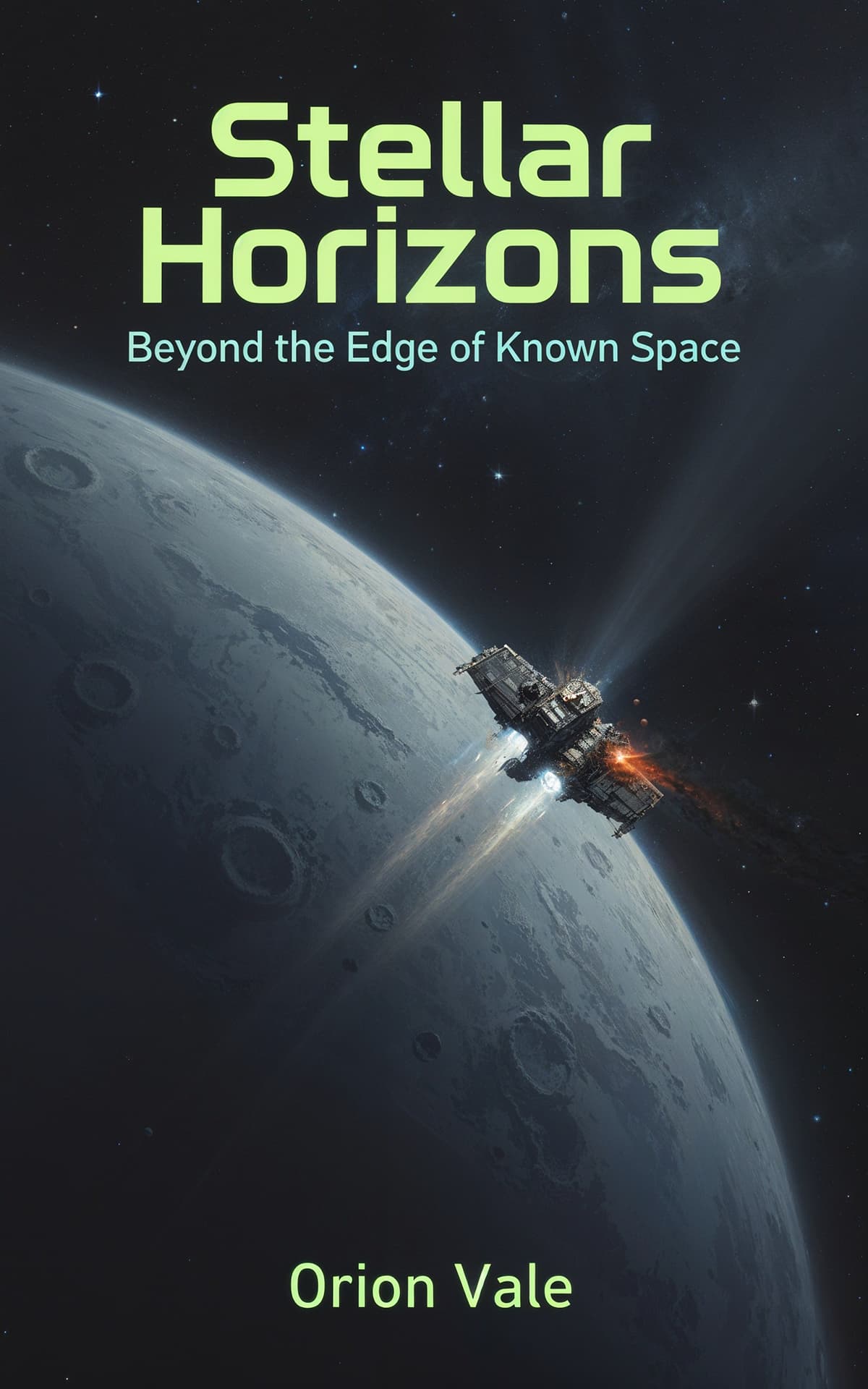 AI book cover generator science fiction cinematic: spacecraft approaching a cratered planet under star-filled space for "Stellar Horizons".