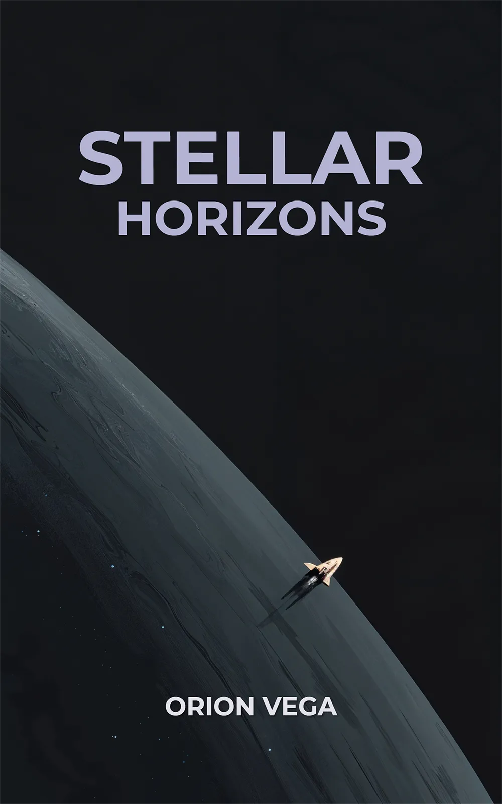 Minimalist space design produced by an AI book cover generator for "Stellar Horizons" – tiny shuttle skimming a planet's edge.