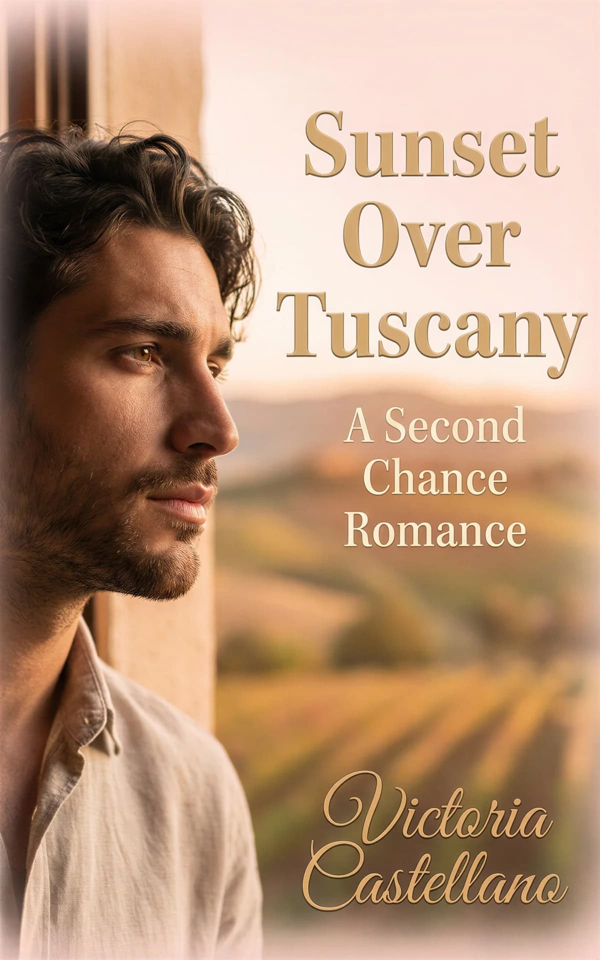 AI book cover generator romance photoreal: contemplative man gazing at golden Tuscan countryside at sunset for "Sunset Over Tuscany".