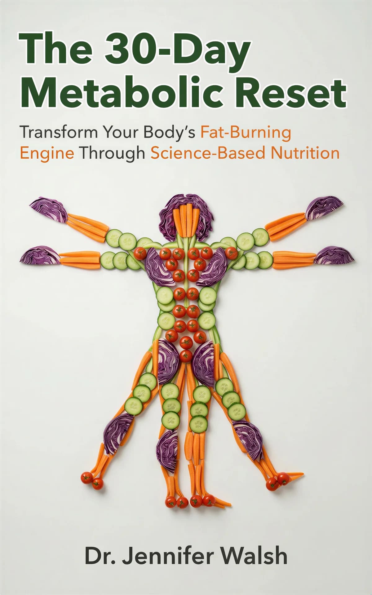 AI book cover generator health-fitness professional-business: human figure made of fresh vegetables including carrots, tomatoes, cucumbers, and purple cabbage for 'The 30-Day Metabolic Reset'.