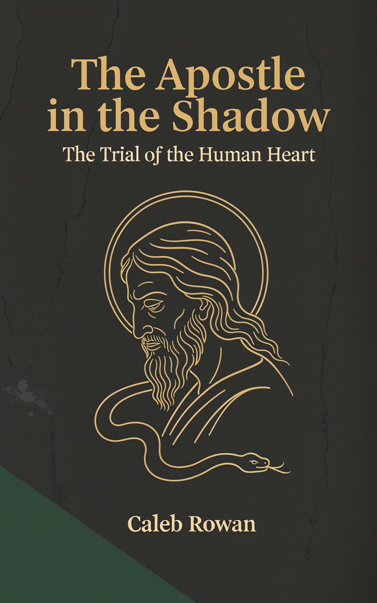 AI book cover generator religious thriller illustration: gold line-art apostle with serpent motif on dark background for "The Apostle in the Shadow".