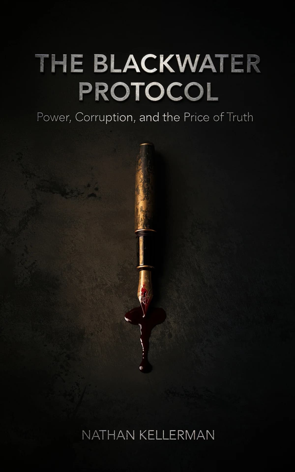 AI book cover generator thriller minimalist: bloodstained dagger on dark textured background for "The Blackwater Protocol".