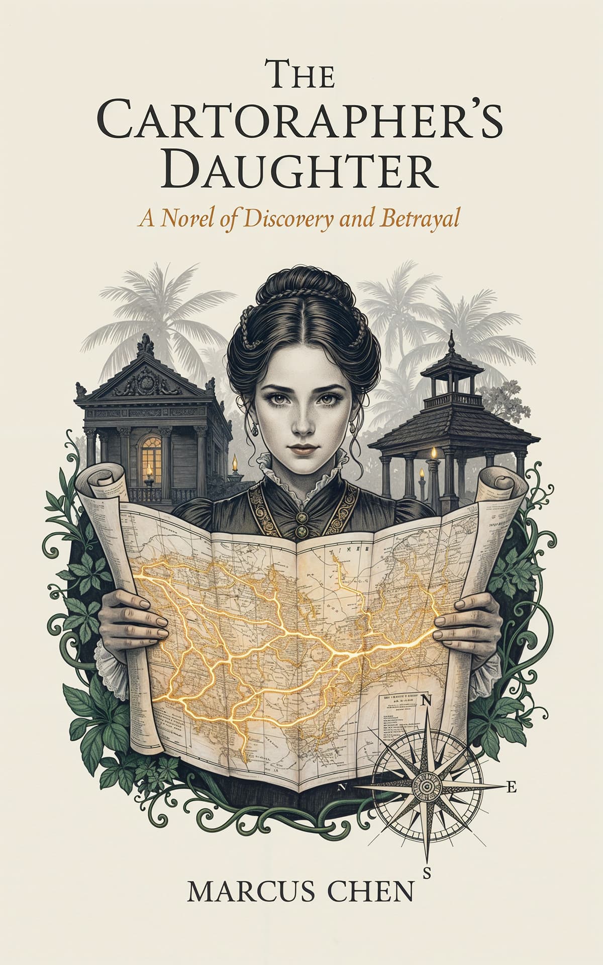 AI book cover generator historical fantasy illustration: young woman holding glowing antique map with compass and colonial architecture for "The Cartographer's Daughter".