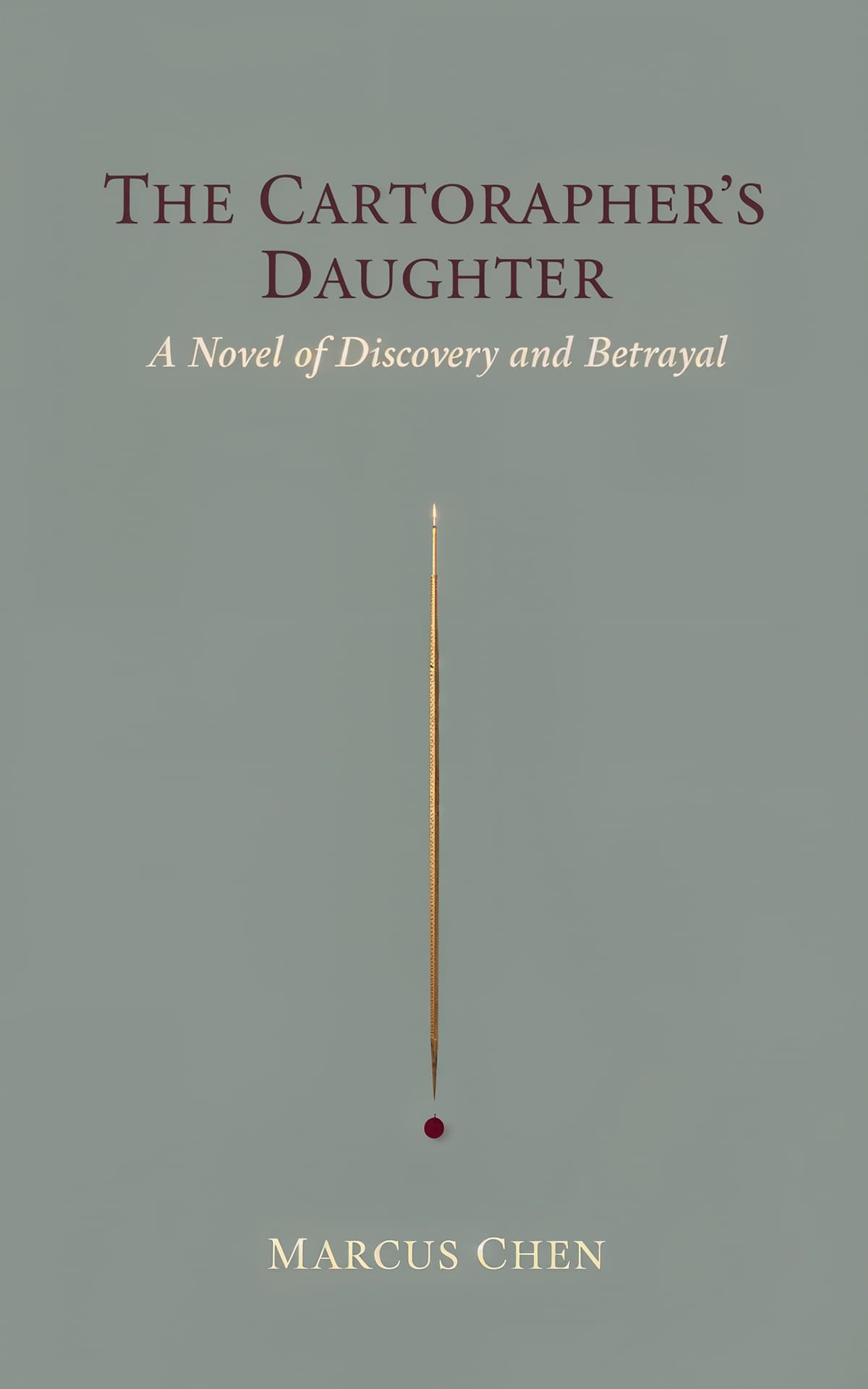 AI book cover generator minimalist literary fiction: single golden needle piercing empty space for "The Cartographer's Daughter".